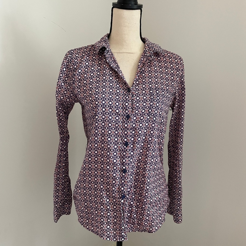 Geometric Print Artsy‎ Button Down Shirt size XS Pink Blue Retro Corpcore Office